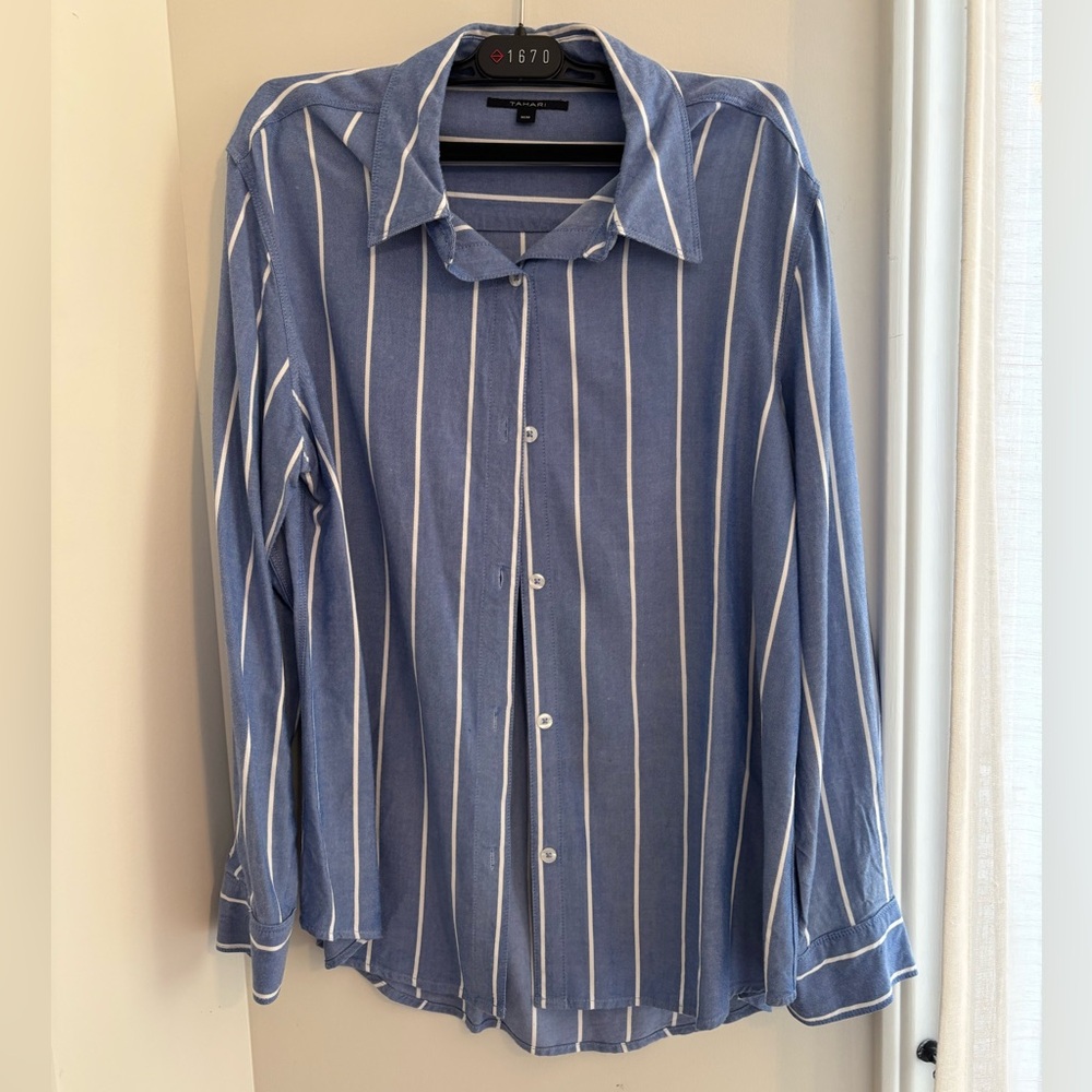Tahari Blue and White Striped long sleeves Blouse